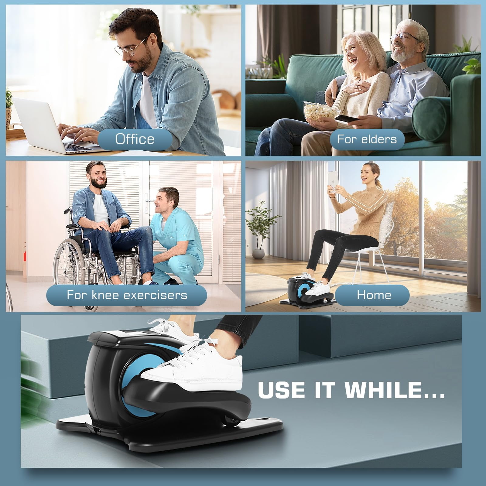 Under Desk Elliptical Machine for Seniors, Electric Seated Pedal Exerciser, Quiet & Compact Mini Elliptical Trainer with LCD Display Monitor and Remote Control, Home Leg Exerciser, Blue