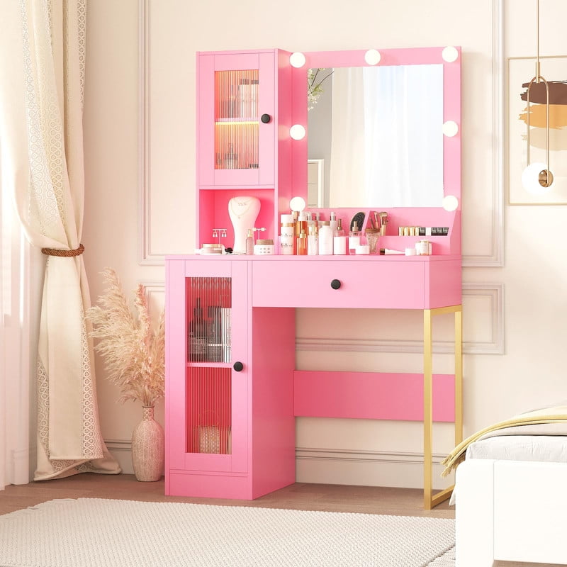 TROPOW Vanity Desk with Mirror and Lights Elegant Makeup Vanity Table with Drawers & Cabinets, Storage, Sturdy MDF Top, Adjustable Brightness Bulbs, Built-in Power Outlet & USB Ports,Pink