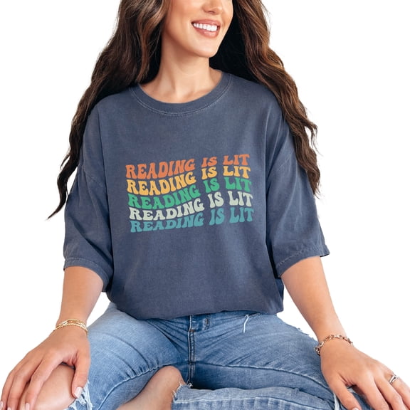 Reading Is Lit, Book Lover or Librarian Quote, Groovy Retro Wavy Text, Denim Comfort Colors T-Shirt, Small