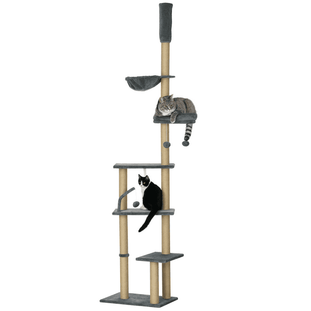 PawHut Arbre à Chat du Plancher au Plafond, Hauteur Réglable 90,5 Pouces - 98,5 Pouces, Gris