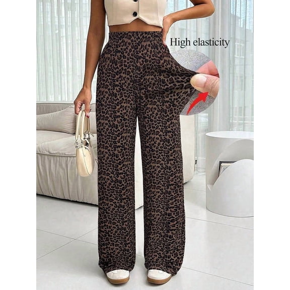 Women's Leopard Print Wide Leg Pants, High Waist Straight Leg Trousers for Everyday