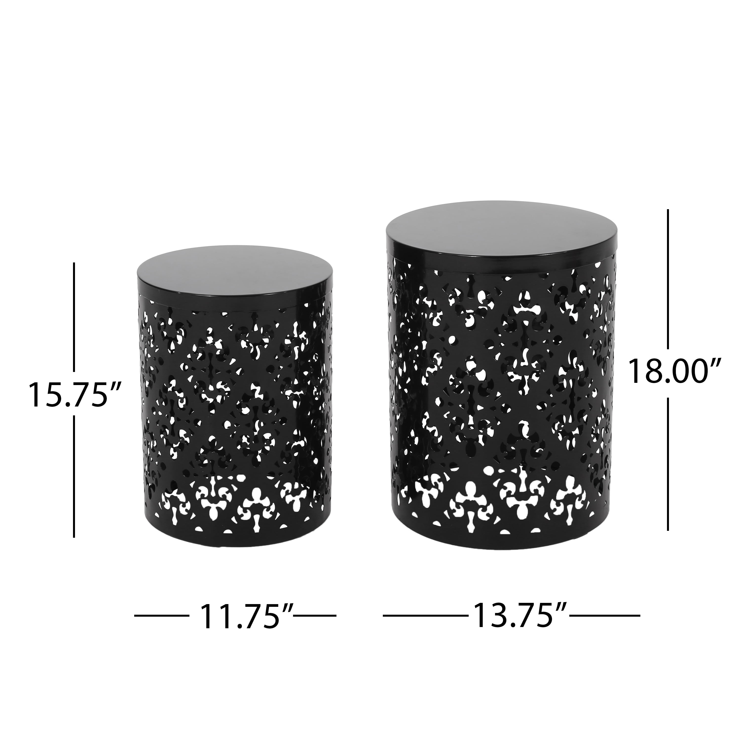 Outdoor Nesting Side Table Set of 2, Cylindrical Floral Pattern Structure for Patio Garden, Black