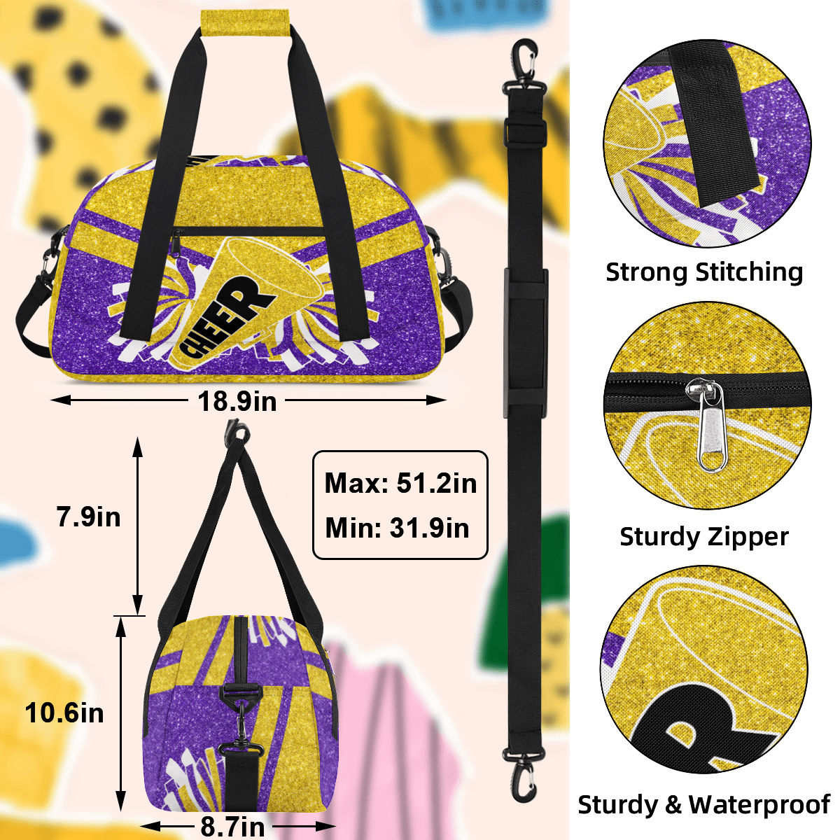 Herdesigns Cheer Bags Overnight Duffel Bags Cheerleading Purple Gold Sport Gym Bag Travel Bag Travel Waterproof Weekender Bag Carry On Travel Tote Bag Dance Bags