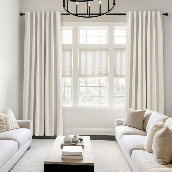 90 Inches Long Full Blackout Linen Curtains for Bedroom, Pinch Pleat Black Out Curtains, Viral Farmhouse Modern Lined Track Drapes 2 Panels Set for Living Room Sliding Door Winter