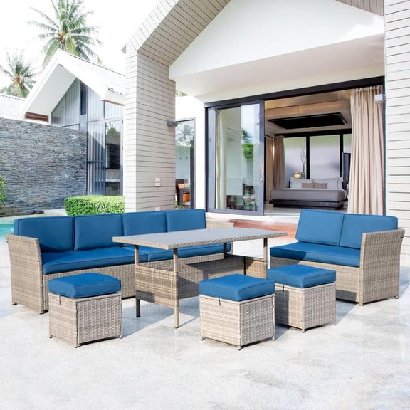 Eclife 7 Pieces Wicker Rattan 9 - Person Sofa Seating Group with Cushions Outdoor with 3 Loveseat Ottoman and Dinning Table