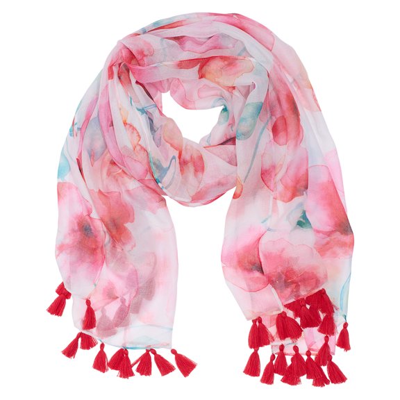 Heartfelt Women's Scarf Fashion Accessory Lightweight Sheer Beautiful Modern Watercolor Floral Design, Coral Poppies