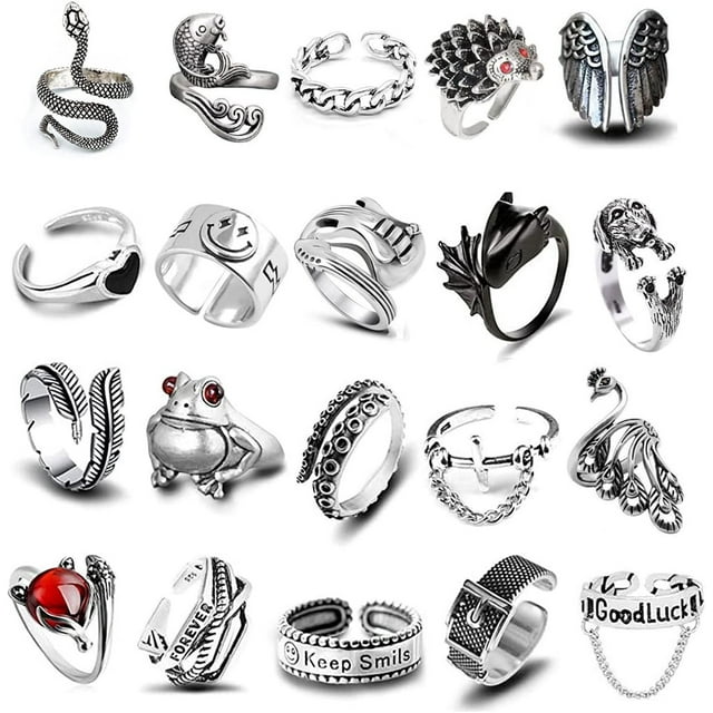 Juego De 20 Anillos Abiertos Vintage, Joyería Retro Punk Gótica, Anillos Abiertos Ajustables Para Hombres Y Mujeres