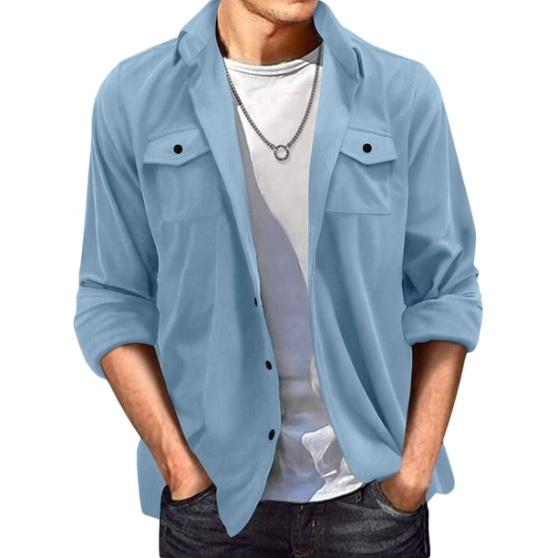 Blusa y camisa de manga larga con cuello vuelto para hombre, de gamuza, con solapa, botones y bolsillo, informal, de manga larga, sin capucha, para hombre