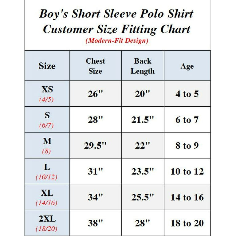 Youth polo shirt size cheap chart