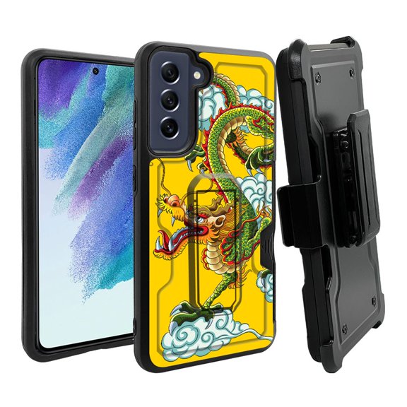ANJ  Rugged Dual Layer Hybrid Holster Kickstand Case w/ Card Slot   Tempered Glass Cover for Samsung Galaxy S21 FE 5G - Chinese Dragon Yellow