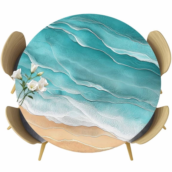 Teal Coastal Beach Round Tablecloth 45-54 Inch Round Fitted Table Cloth with Elastic Edge, Summer Nautical Ocean Beige Seaside Waterproof Table Cover Protector for Outdoor Picnic Party Dining