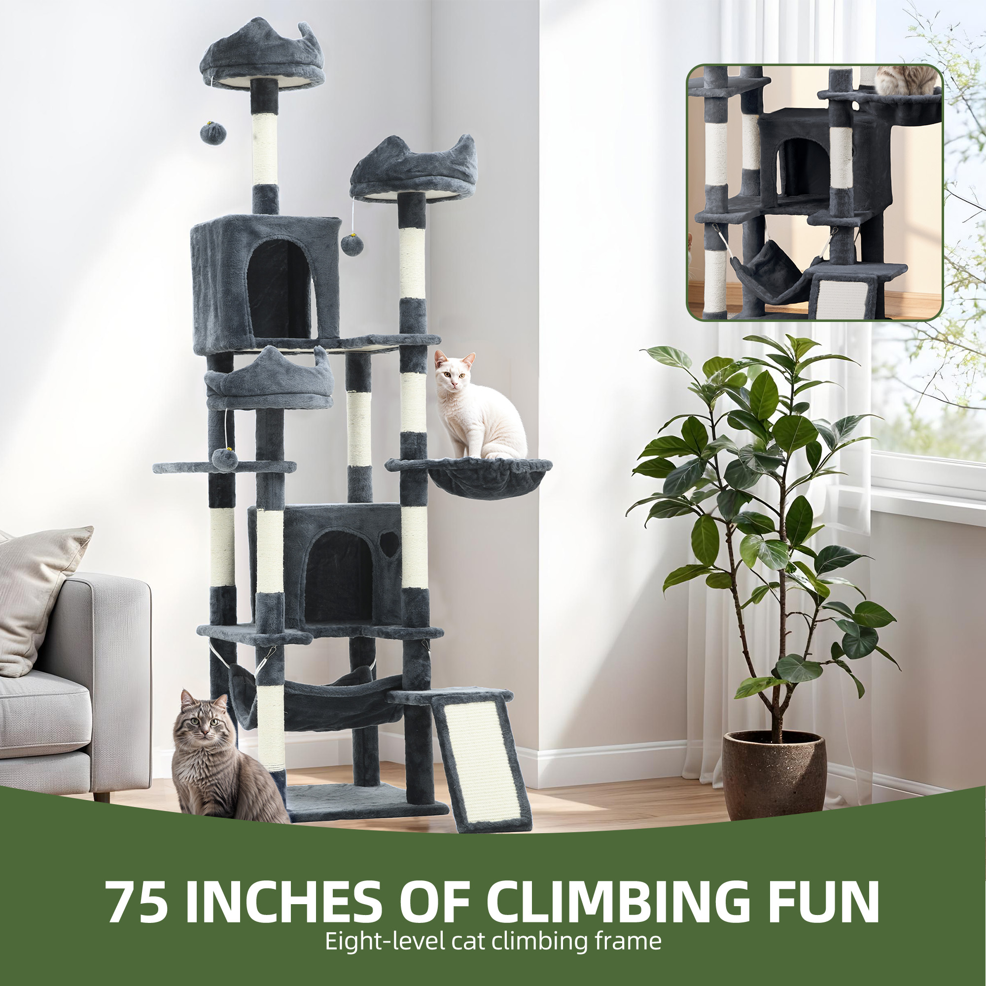 Uforic 75" Tall Cat Tree, Multi-Level Cat Tower with Condos, Hammocks, Scratching Posts, Dark Gray