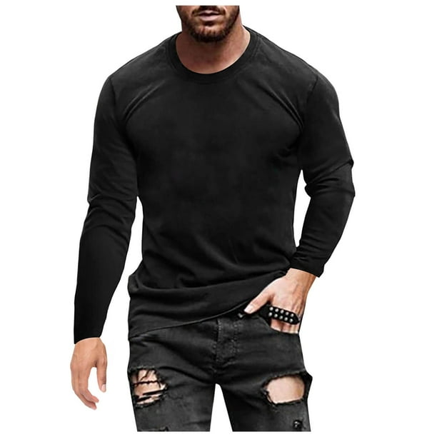 Camiseta de manga larga de color liso para hombre: cuello redondo holgado, para todas las estaciones, material de poliéster, tallas S-XXXL.