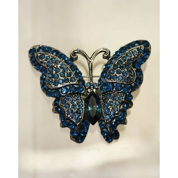 Vintage Crystal Rhinestone Antique Tone Butterfly Brooch Pin, Blue Butterfly Jewelry Gift