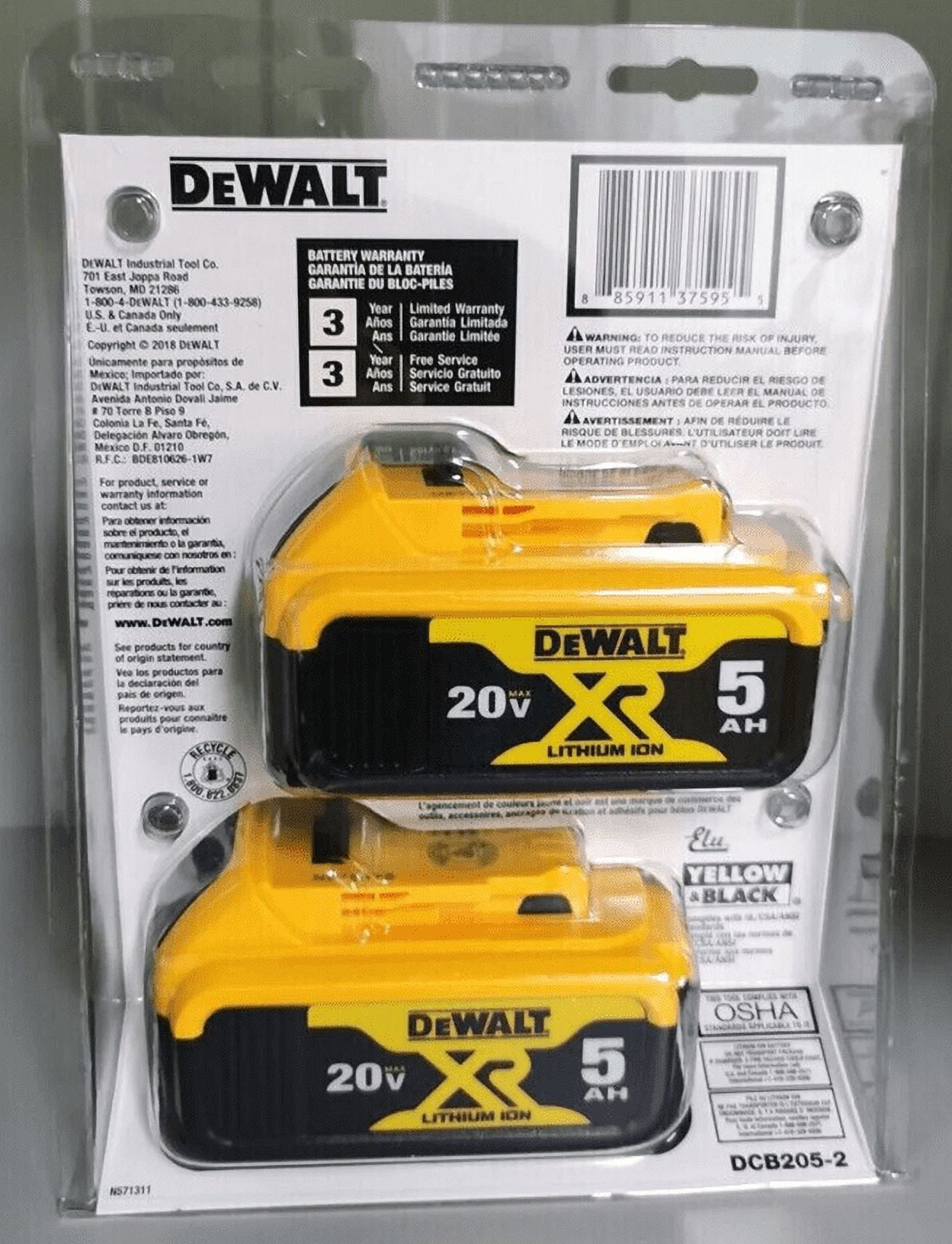 DEWALT DCB205 20V 5Ah Power Tool Battery, 2 Pack