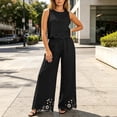 thumbnail image 6 of TEAJOPSUU Womens 2 Piece Sets Matching Lace Hem Outfits Sleeveless Crew Neck Crop Tank Tops High Waisted Wide leg Pants Sets Casual Daily Outfits Black, 6 of 7