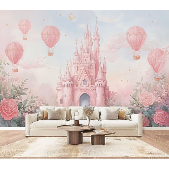 Wallpaper Fairy Tale Castle Pink Hot Air Balloons Roses Pastel Peel and Stick Wall Murals 100"H x 144"W Removable PVC Wall Paper Self-Adhesive Wall Paintings Art Decor for Bedroom Living Room