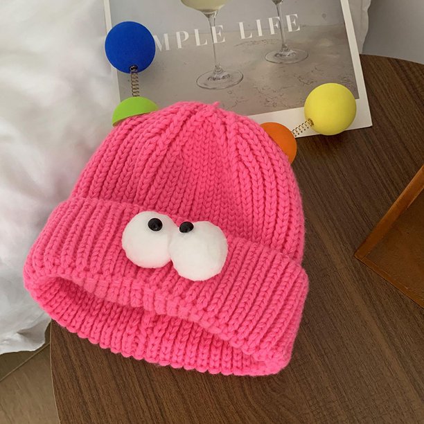 Gorro de lana con forma de monstruo de ojos grandes y dibujos animados para mujer, otoño e invierno, bonito y divertido gorro de punto para pareja que hace que la cara parezca pequeña