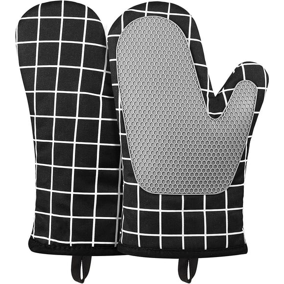 Oven Gloves Heat Resistant,Silicone with Cotton Double Oven Mitts with Cotton Lining and Non-Slip Surface (Black)