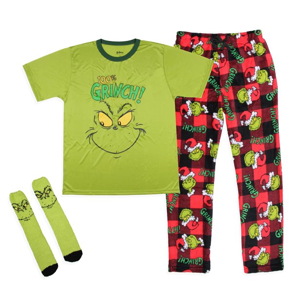 Dr. Seuss The Grinch Men's Pajama Pants Shirt and Socks 3 Piece Pajama Set (Small)
