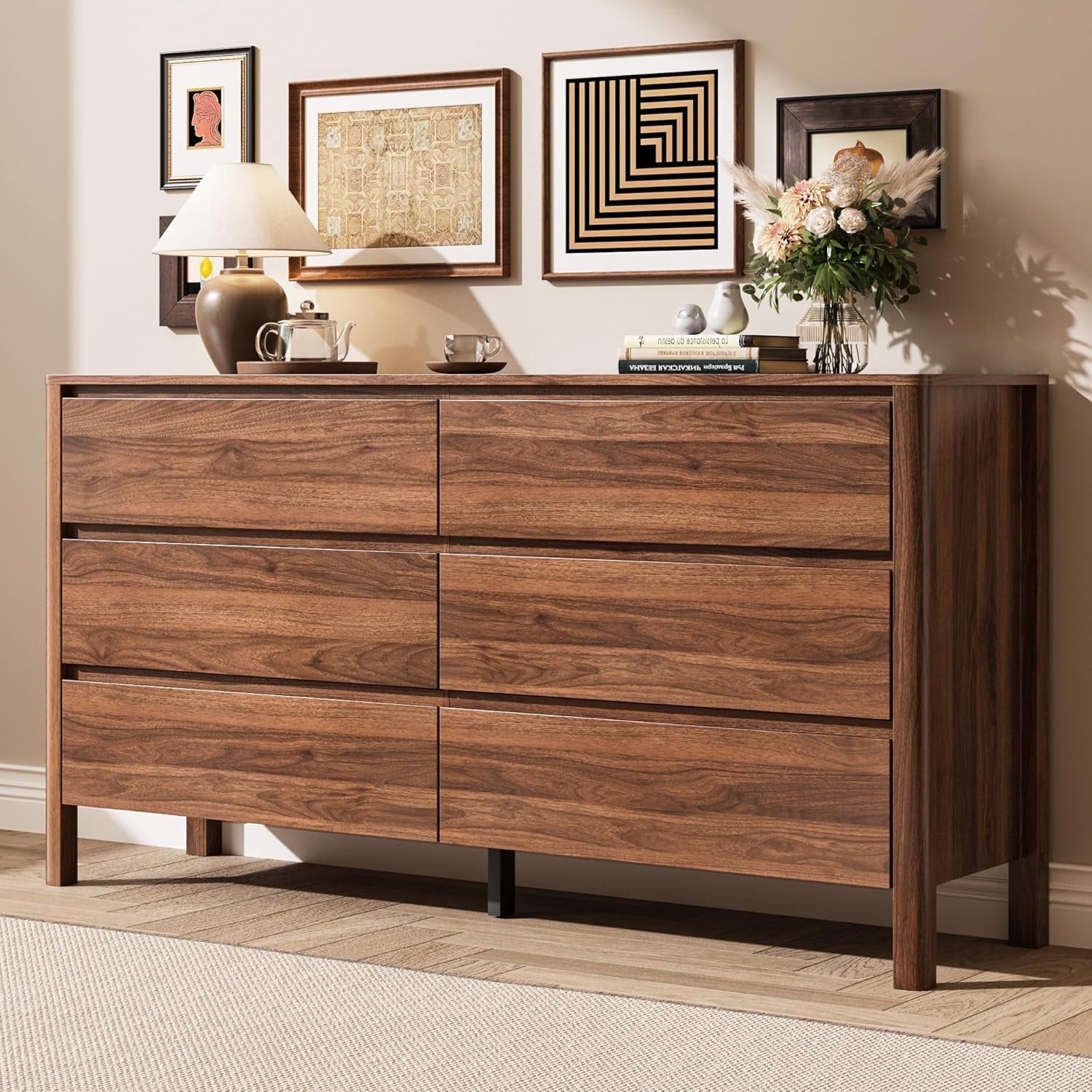 FURNIWAY Walnut Dresser for Bedroom, 6 Drawer Long Dresser with Hidden Handles, Modern Wood Chest of Drawers for Clothes and Accessories, Stylish Storage Cabinet for Living Room or Entryway