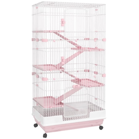 Small Animal Cage, 6-Tier Metal Pet Hutch with Ramps and Wheels, Pink, for Bunnies, Ferrets, and Chinchillas, 32 x 20.5 x 62.5 in
