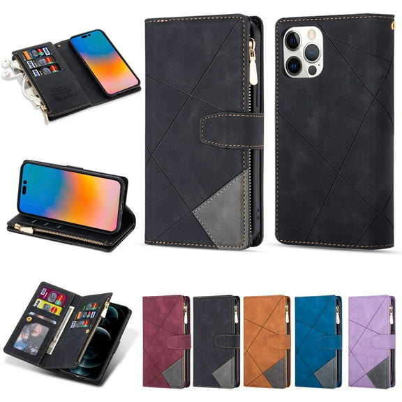 SaniMore for iPhone 14 Pro Max Case with Card Slot, Line Stitching Metal Button Zipper Wallet PU Leather Cover with Folio Flip Kickstand Hand Strap Shockproof Protective Shell, Black