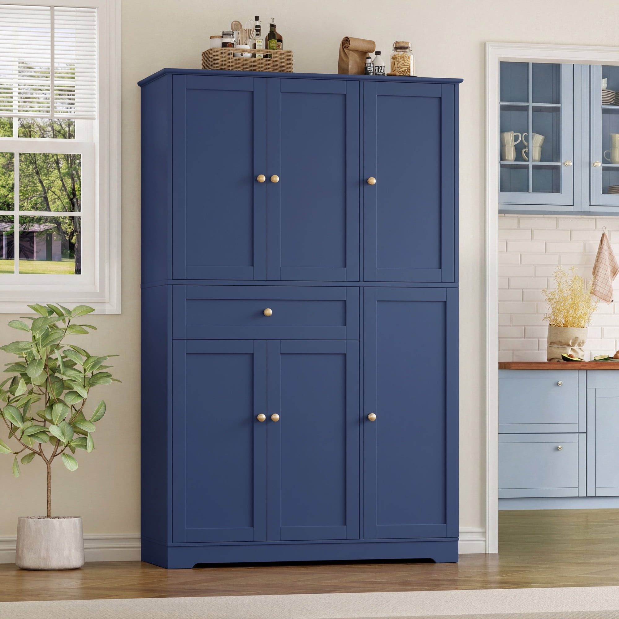 Homfa Kitchen Pantry Storage Cabinet, 68" Food Pantry Cabinet with Drawer and Door Shelf, 6 Door Freestanding Cupboard Buffet for Dining Room, Blue