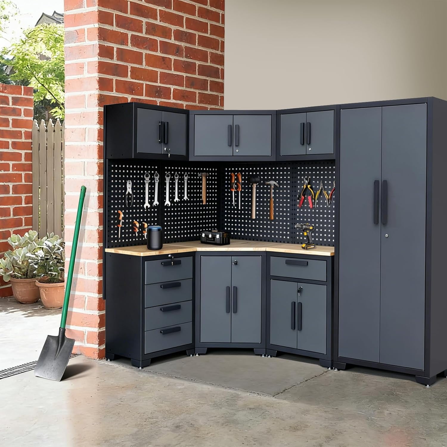 16PCS Garage Storage Cabinet System - Heavy Duty Workshop Set w/Corner Cabinet Includes Workbench, Pegboard & Lockable Drawers | Metal Tool Organization System for Garage/Workshop