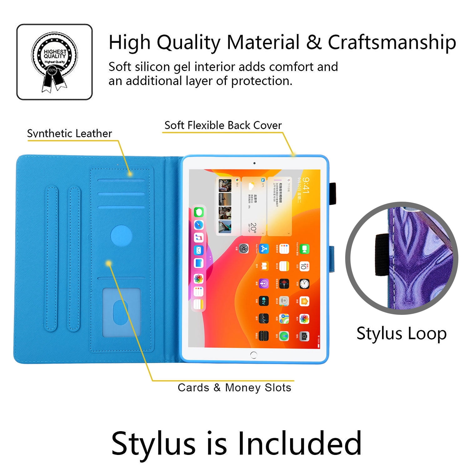 iPad 9.7 6th 5th Case, iPad 9.7 Case with Pencil Holder, Allytech PU Leather Slim Shockproof Auto Sleep Wake Kickstand TPU Back Cover Casef for Apple iPad 9.7 2018/2017, iPad Air 1 2,Purple Marble