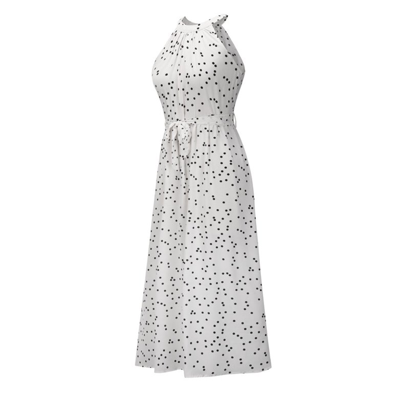A-Line Halter Neck Maxi Dress in White with Dot Pattern and Bow Tie Belt,  Sleeveless, Women's M - Walmart.com