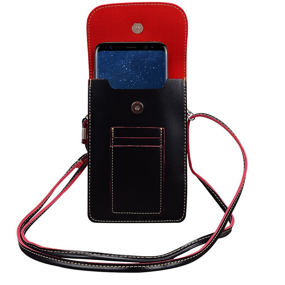 3-PACK: Vegan Leather Vertical Crossbody Smartphone Pouch Wallet (Black) with Removable Adjustable Shoulder Strap, Card Slots, Magnet Button Clasp - fits Smartphones up to 6.5-inch