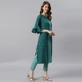 thumbnail image 5 of Janasya Indian Round Neck 3/4 Sleeve Gold Print Green Poly Crepe Kurta For Women, 5 of 7