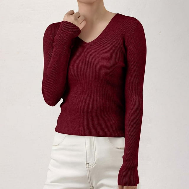 Plus Size Women's Autumn And Winter Solid Color V Neck Pullover Sweater With Knit Slim Fit Soft And Comfortable Top