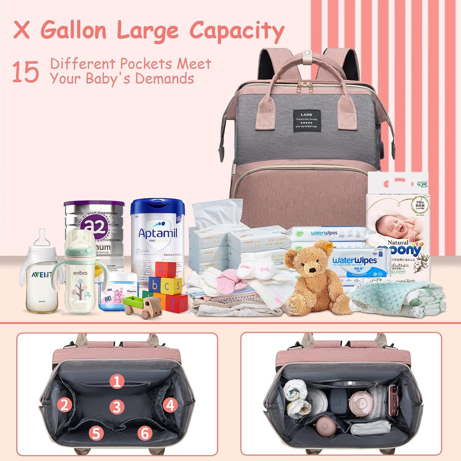 RSENFREMIOR Diaper Bag with Changing Station for Mom Dad, Large Capacity Travel Backpack with Foldable Crib for Girls Boys