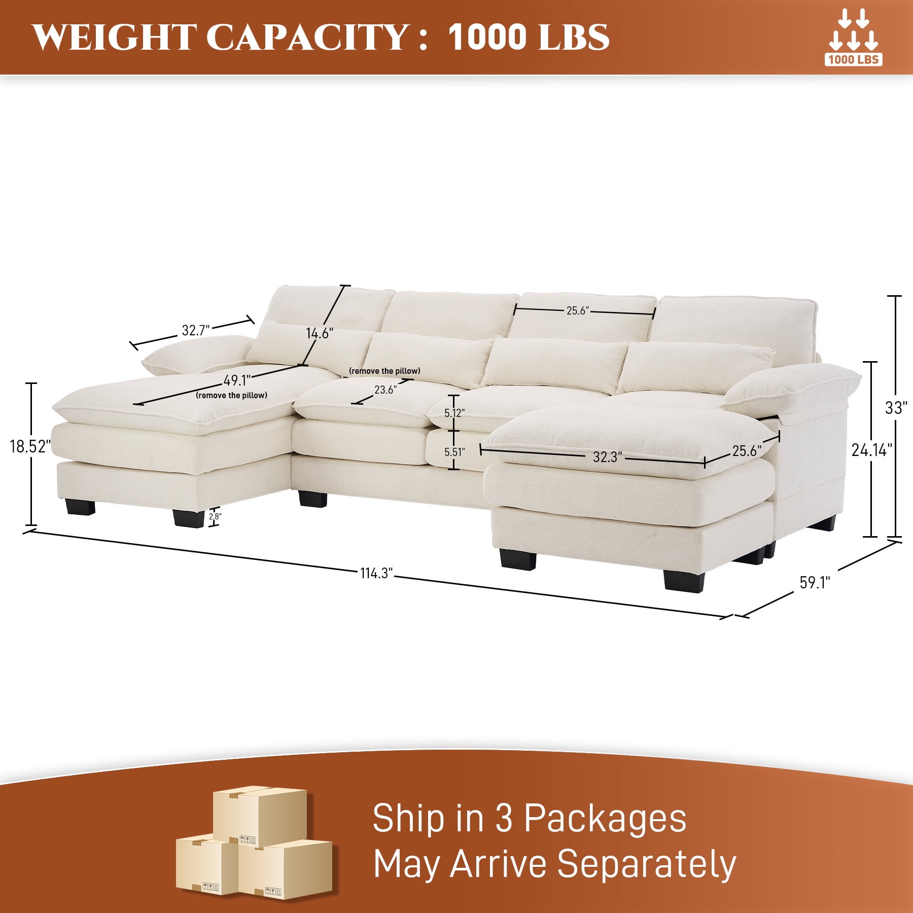 Wiilayok 114" U Shaped Sectional Sofa with Chaise Lounge and Ottoman,Chenille Modular Sectional Sofa Couch for Living Room,Cream White