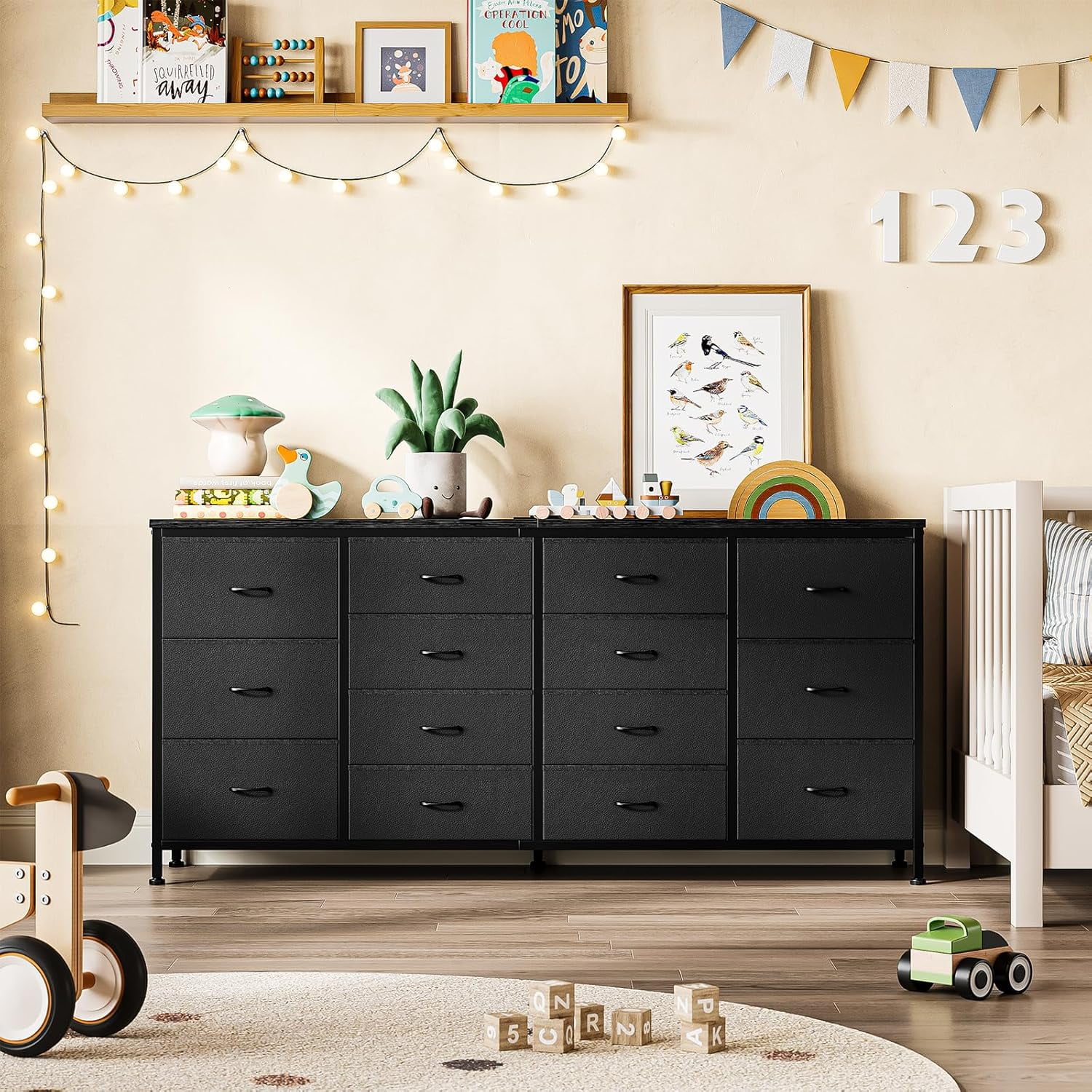 M optimized 63" Dresser for Bedroom, TV Stand for 65 70 75 inch TVs, 14 Drawer Dresser with Power Outlets, Large Long Fabric Dresser Entertainment Center