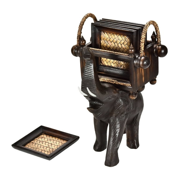 AeraVida Proud Elephant Hand Carved Wooden Square Coasters with Holder Set of 6