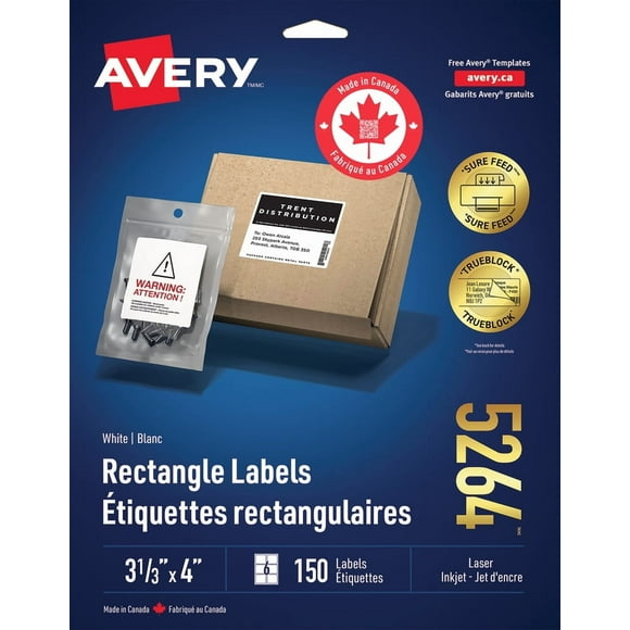 Avery Étiquettes rectangulaires blanches avec technologie Sure Feed, 3 ⅓ po x 4 po, pour imprimantes laser et à jet d'encre - 5264