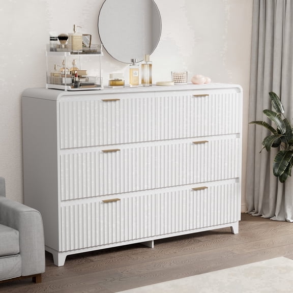White 6 Drawer Dresser,47.2" Wide Modern Chest of Drawers, Boho Fluted Dresser with Wave Panel Design,Waterproof & Easy to Clean,for Living Room, Hallway, Entryway