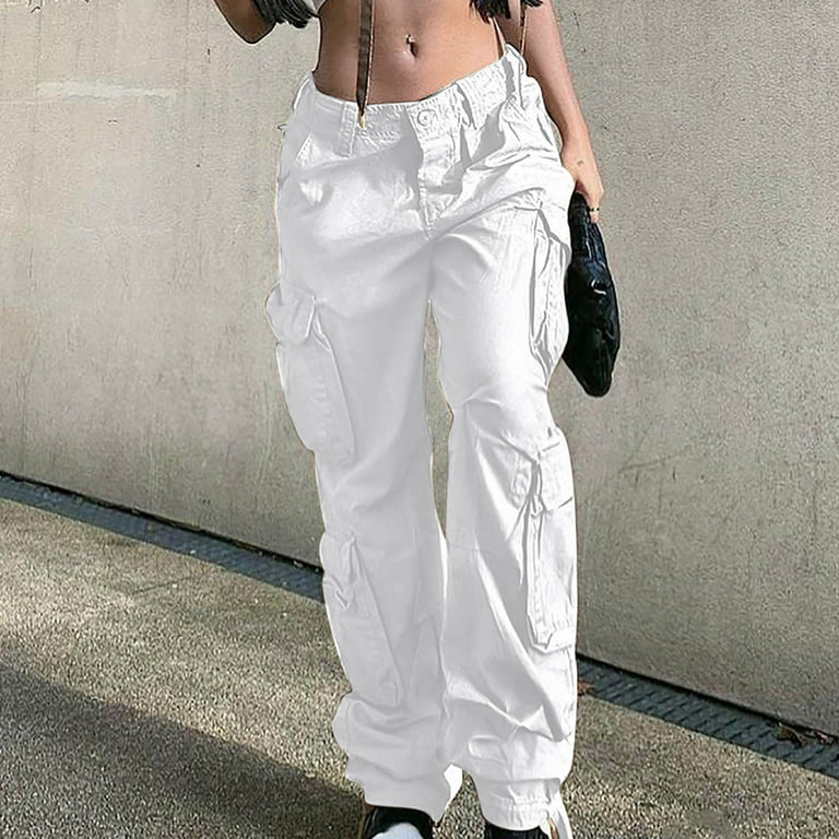 YYDGH Womens Baggy Cargo Pants y2k Jeans Low Waist Parachute Pants Teen  Girls Wide Leg Trousers Trendy Clothes Hiking Pants White S 
