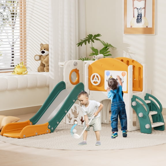 YUFU 8 In 1 Toddler Slide Set for Kids Age 1  with Golf Basketball Hoop Drawing Board Indoor Outdoor Playset (Green)