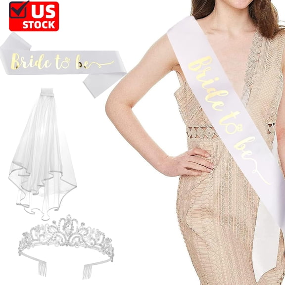 Bachelorette Party Decorations 3 PCS - Crystal Crown, Bride To Be Sash & Wedding Veil for Bachelorette Party Favors Bridal Shower Gifts for Bride