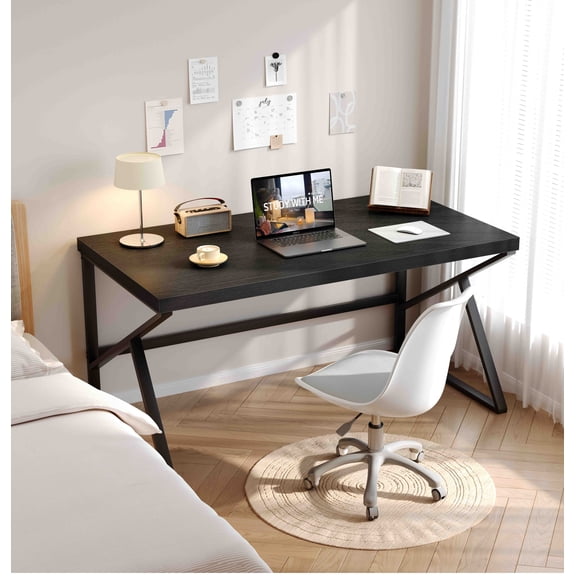 Paasyonmate Computer Desk Wood Metal, Black Modern Office Desk 55 Inch