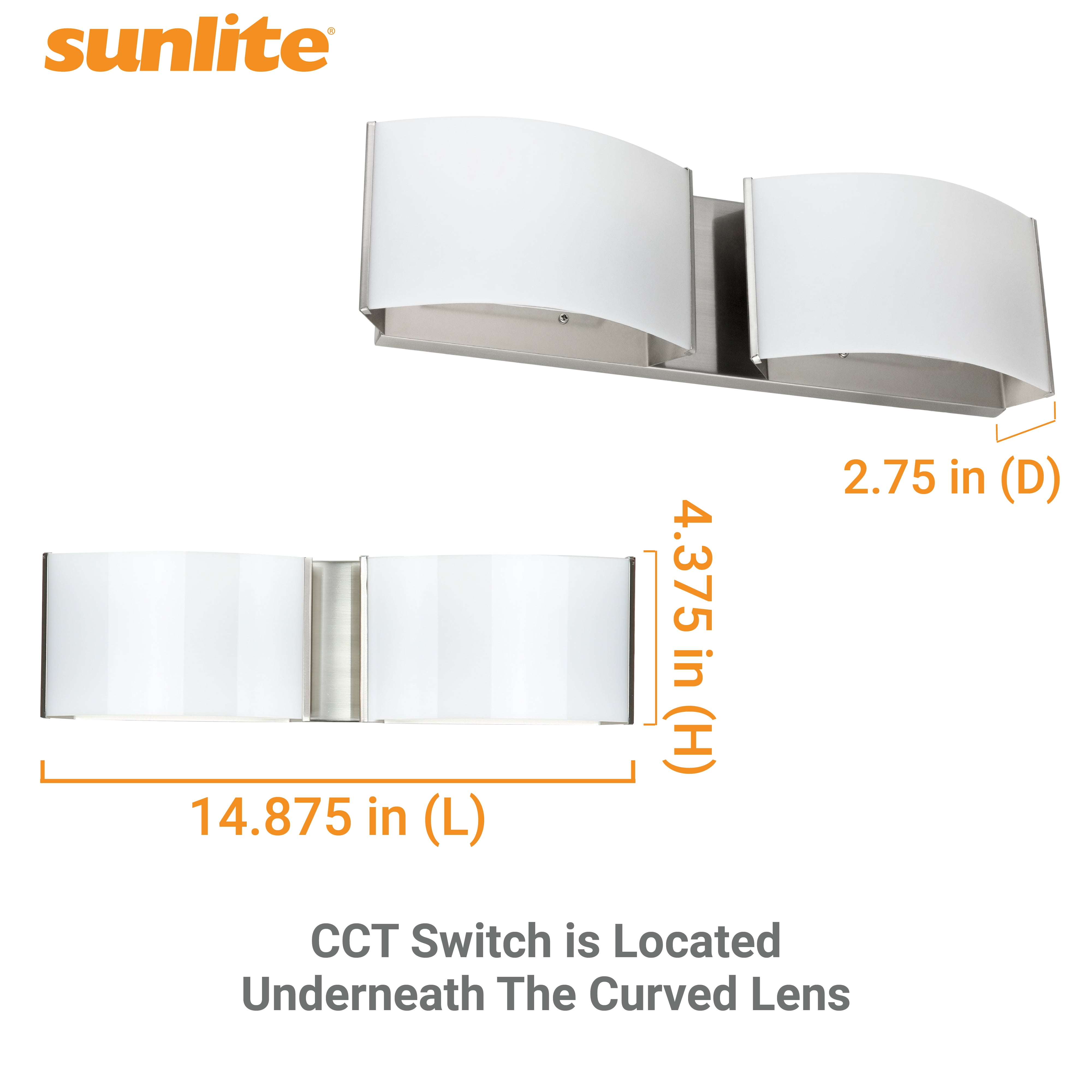 Sunlite 82112 LED Decorative Vanity Light Fixture, 20 Watts, 1300 Lumens, Color Selectable 30K/40K/50K, 2 Lights, Dimmable, 90 CRI, ETL Listed, Brushed Nickel, for Bathroom, Powder Rooms, and Hotels