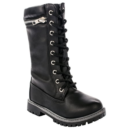 Image of Anna Dallas 17K Girls Lug Sole Lace Up Zip Ankle High Hiking Boots with Top Zipper - Black 10