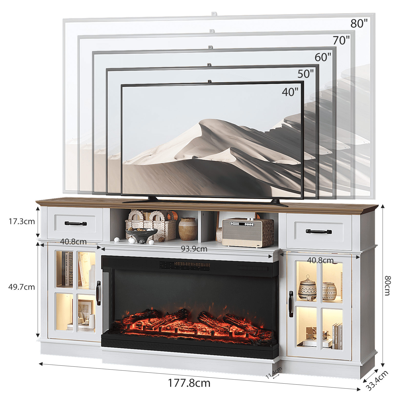 Ktaxon Modern 70" TV Stand with Fireplace, Entertainment Center with 36in Heater for 55/60/65/70" TVs with 2 Doors, Drawers & Shelves, Washed White