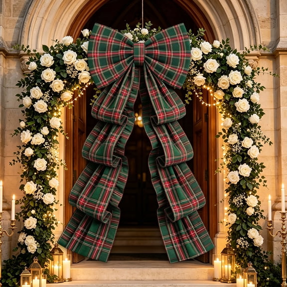 Cififendec Large Christmas Giant Plaid Bow Ornament, 78.74"×19.69", Tartan Bow Hanging Decoration for Party Backdrop and Seasonal Scene Styling
