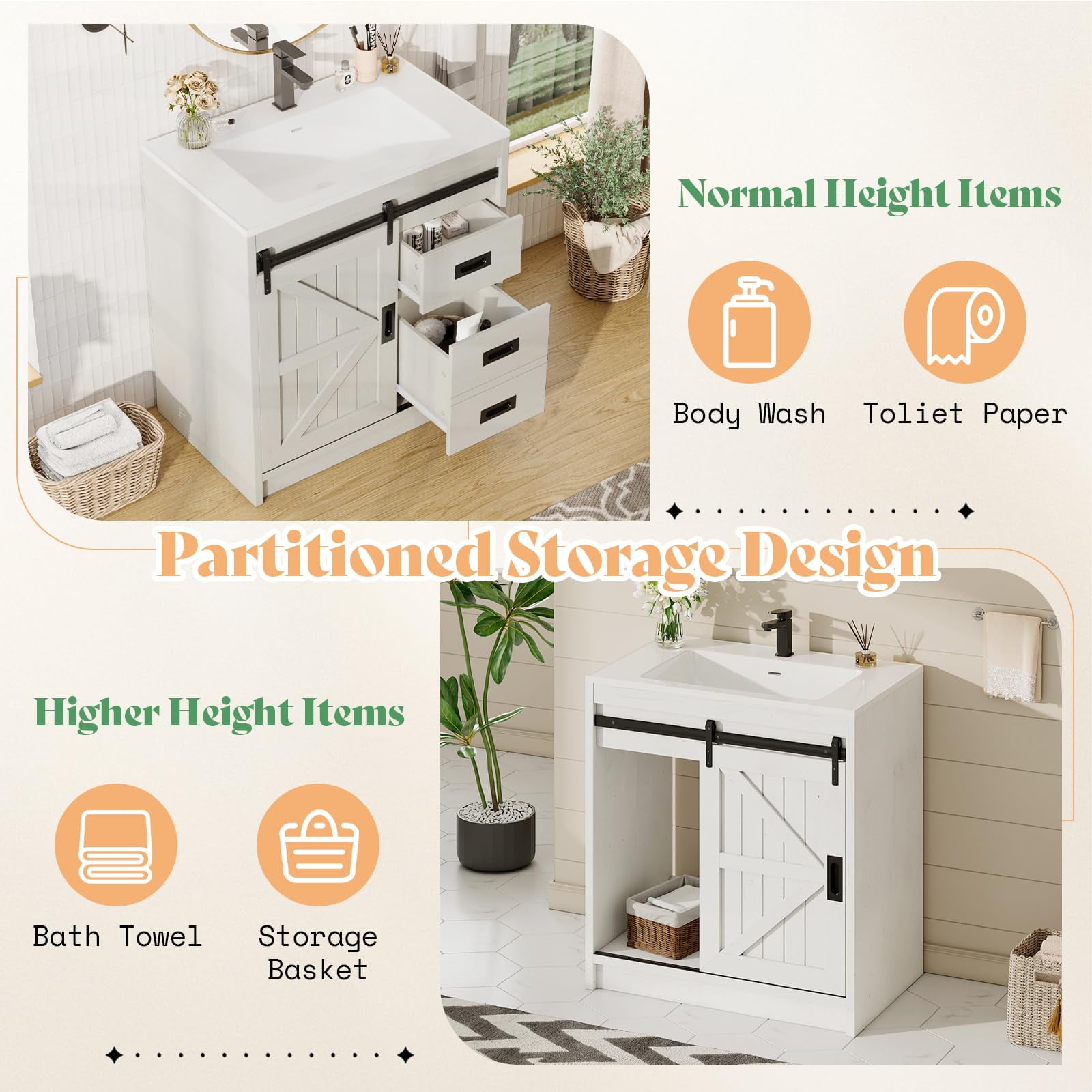 VanAcc 31" Farmhouse Sliding Barn Door Bathroom Vanity with Sink Combo, Bathroom Cabinet with Drawers & Metal Handles, Freestanding, Distressed White
