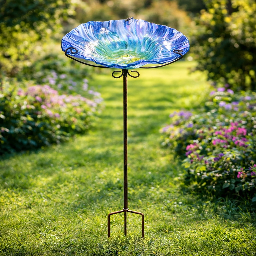 Outdoor Bird Bath, Birdbath With Metal Stand, Wavy Bird Bath, Birdfeeder, For Garden,Patio, Blue